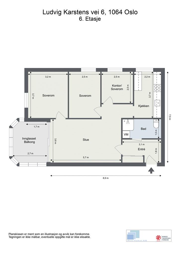 Plantegningen viser en arealeffektiv leilighet med entré, bad, kjøkken, stue og tre soverom.