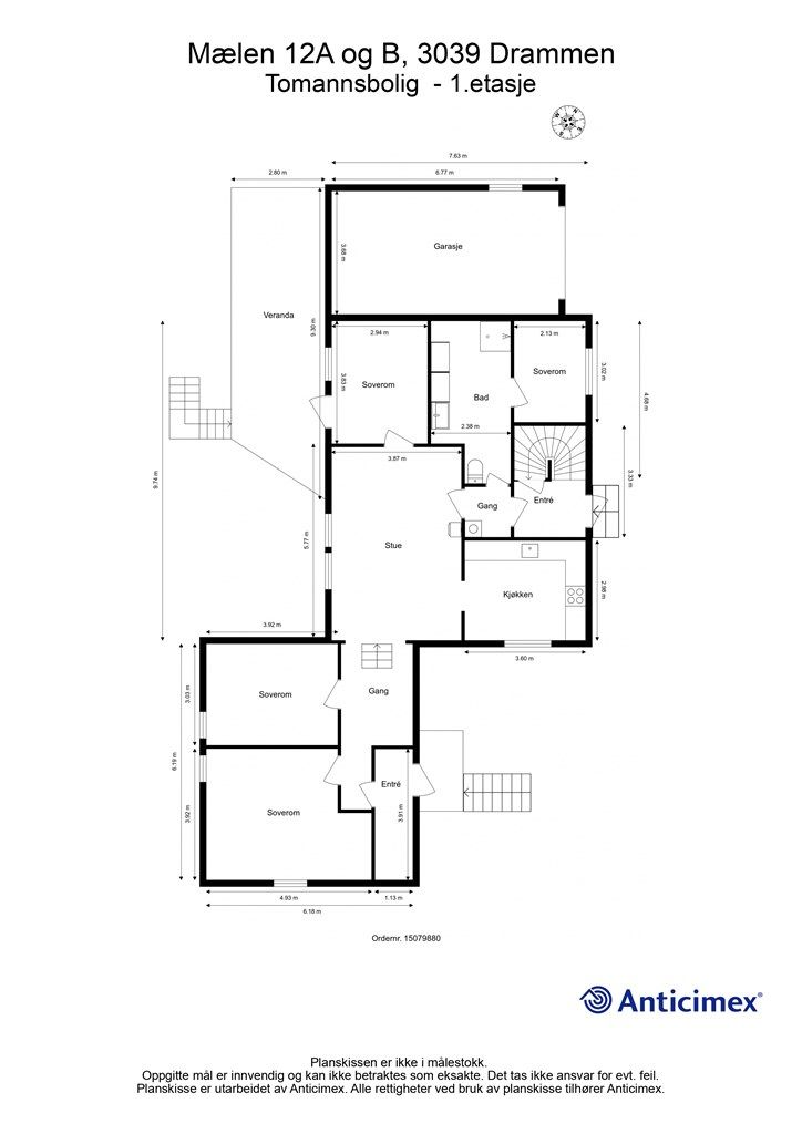 Plantegning, hel tomannsbolig (Mælen 12A og B) - 1. etasje