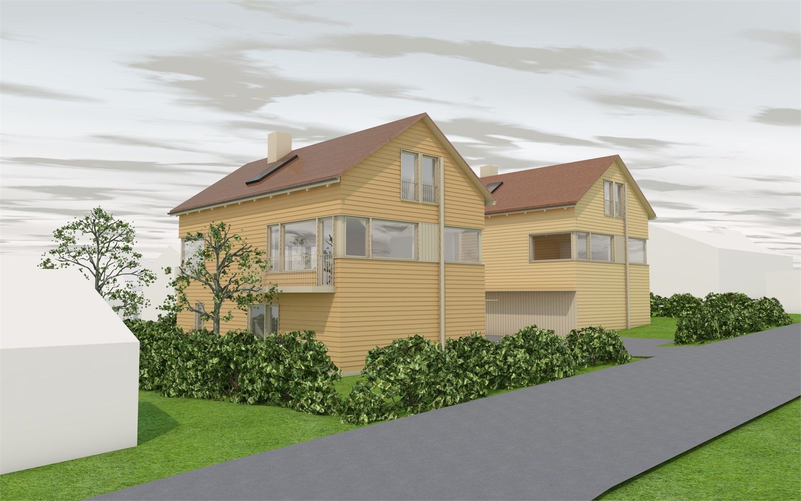 Eiendommen selges med rammetilatelse for oppføring av to eneboliger og riving av tomannsbolig. 3D perspektiv to frittliggende eneboliger - kun ment som illustrasjon