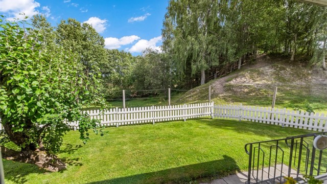 Hagen er pent opparbeidet med plenareal, prydbusker og trær.