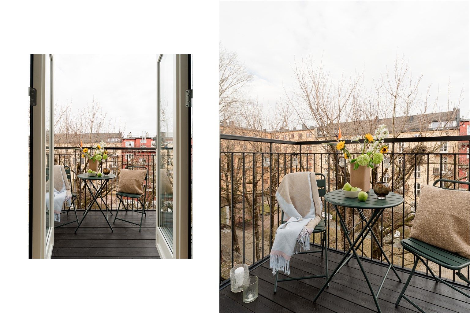 Fra kjøkkenet er det direkte utgang til balkongen. En tre-lags glassdør fra 2019 sørger for å holde kulda ute når balkongsesongen er på hell.