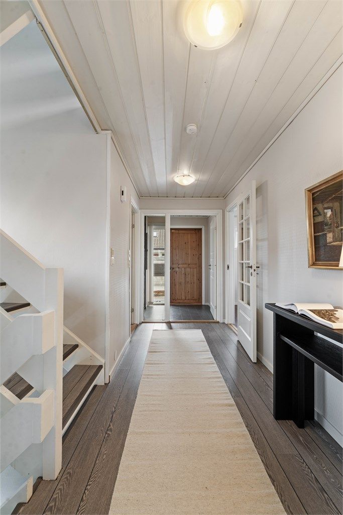 Fra gangen er det adkomst til spisestue/kjøkken, stue, bad, vaskerom og entré.