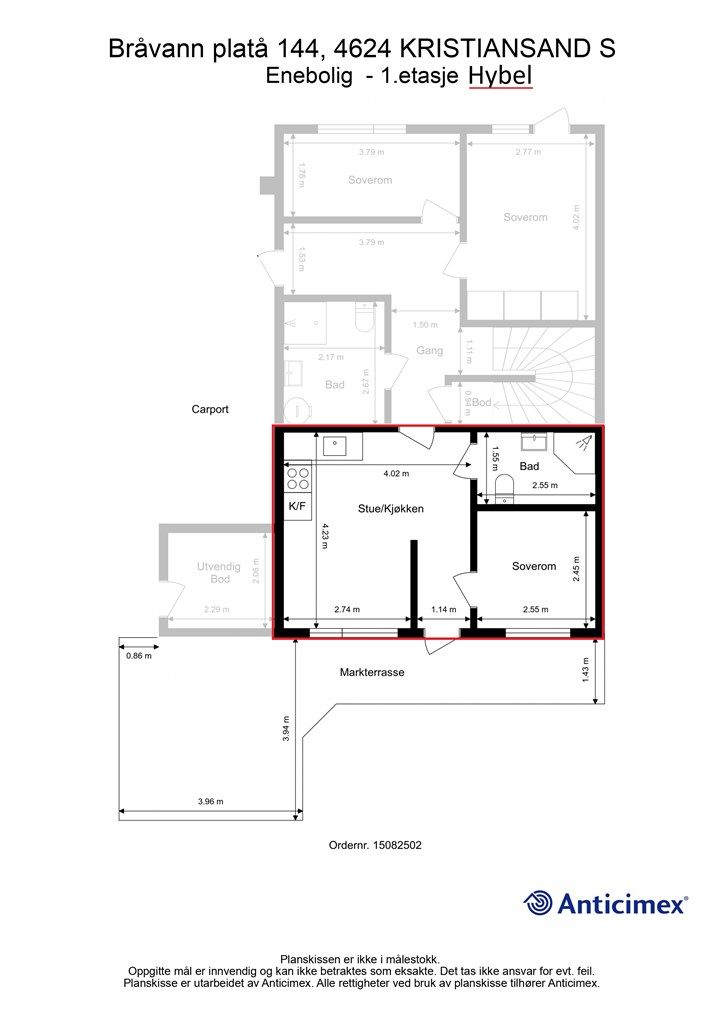 Hybel/1.Etasje - 2D plantegning med mål