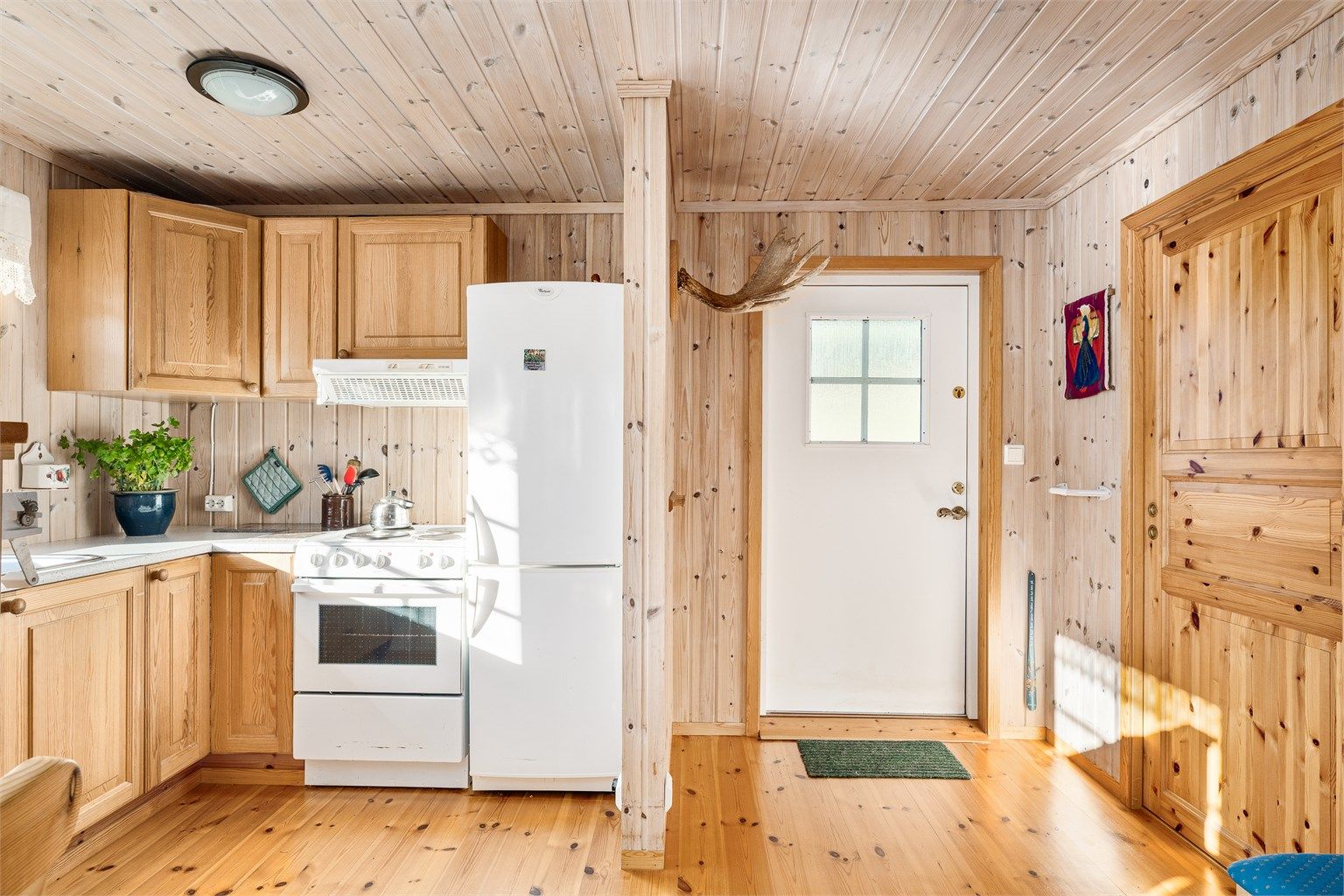 Fra inngangspartiet kommer du direkte inn stue og kjøkken.