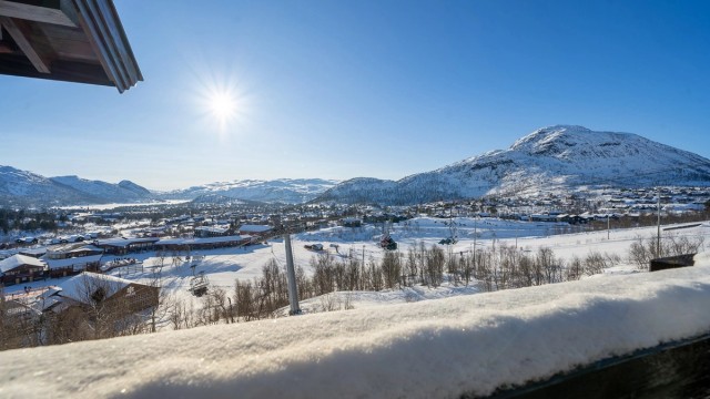 Utsikt fra balkongen. Hartevassnutane, Hartevann, Enden, Otrosåsen og Hovdenuten.