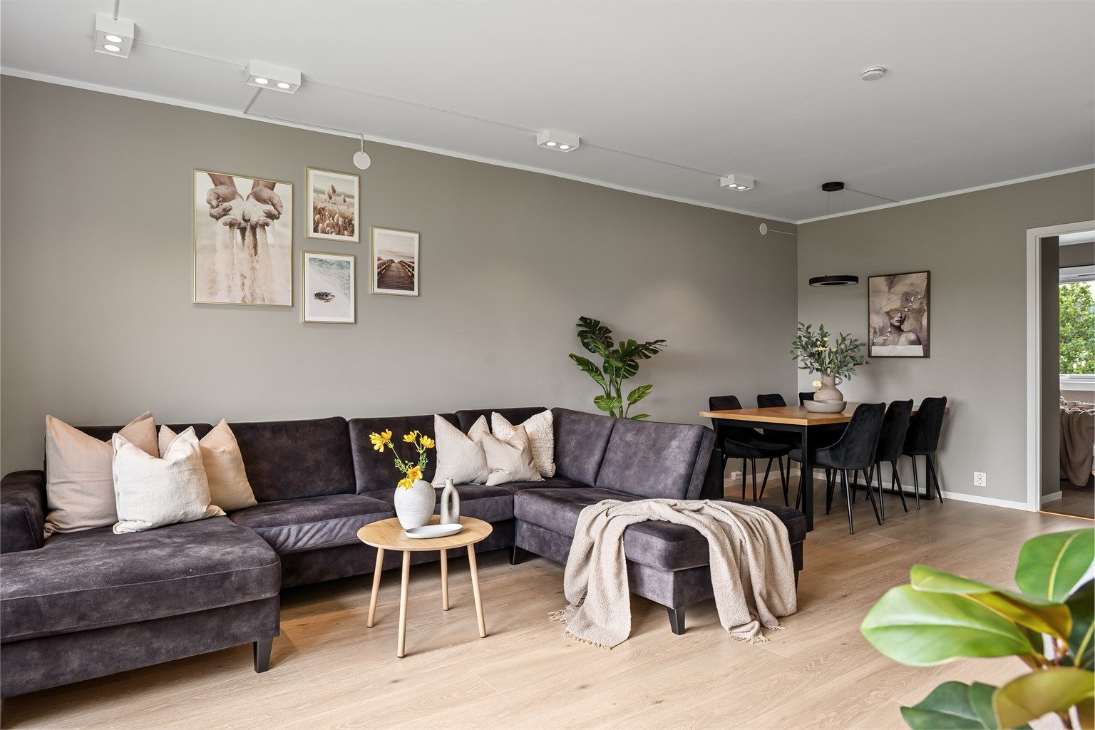 Den åpne løsningen bidrar til at man enkelt kan innrede med sofagruppe og spisebord i hver sin naturlige sone