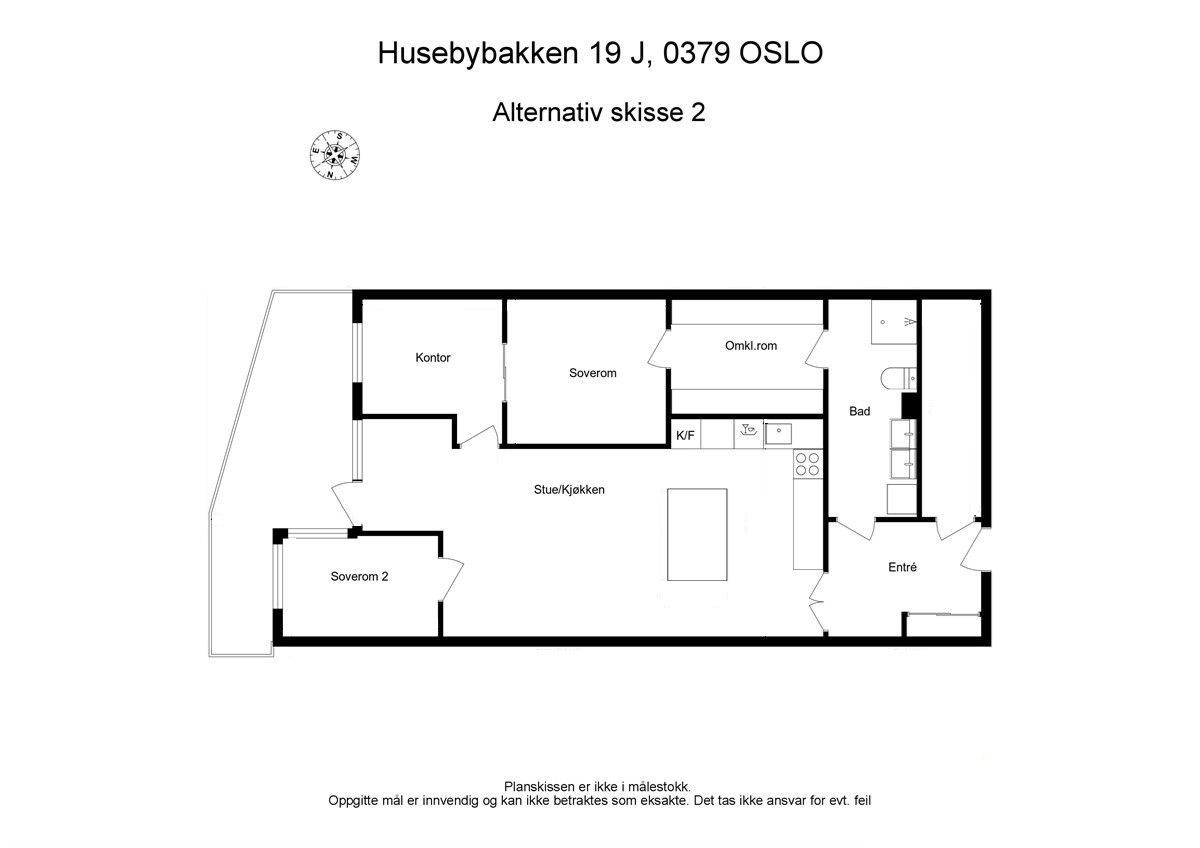 Alternativ planskisse med ekstra soverom etablert i stuen