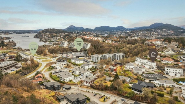 Bildet viser nærhet til bussterminalen og Meny i Dolviken