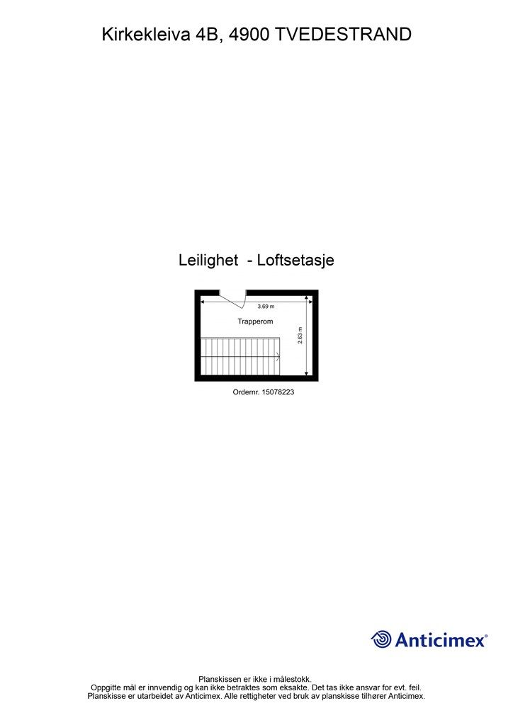 Plantegning loft (kun målbart areal er inkludert i plantegning, det er et større areal på loftet der døren går inn).