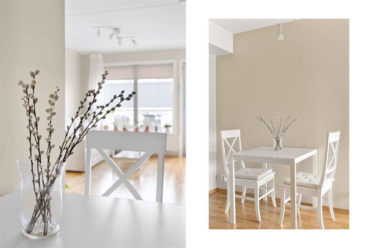 Leiligheten er malt i lyse nyanser.