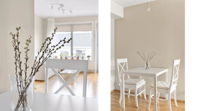 Leiligheten er malt i lyse nyanser.