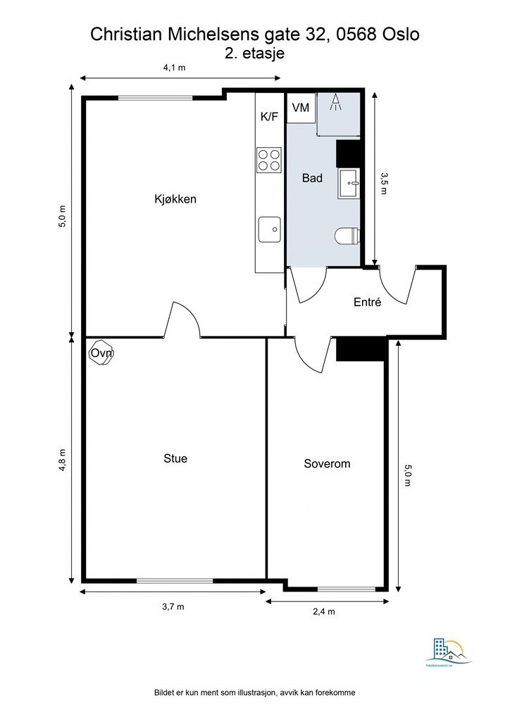 Leiligheten på 63 m² disponerer i tillegg to boder på til sammen ca. 18 m². Boligen har også et ekstra soverom som i dag benyttes som en stue. 