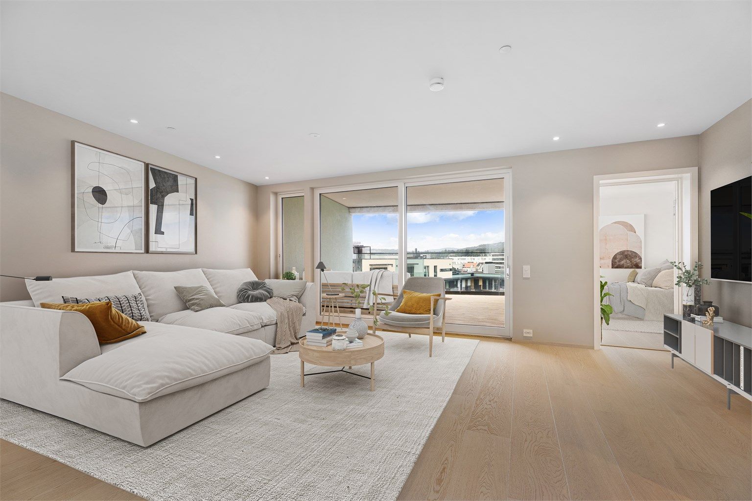 Lys og luftig stue med tilgang til romslig balkong.