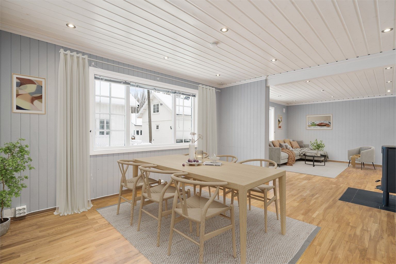 Romslig stue med plass til både sofagruppe og spiseplass med fin rominndeling for naturlige soner - Digitalt stylet