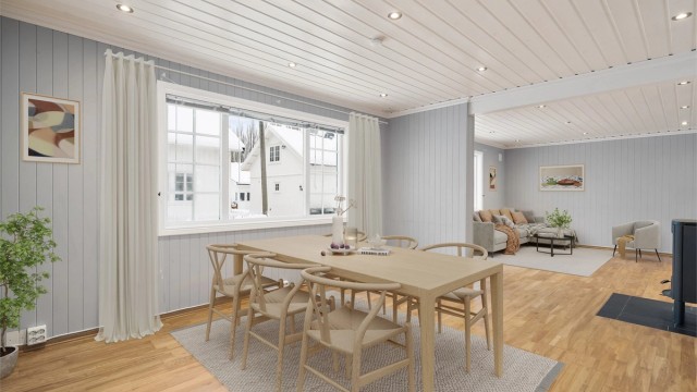 Romslig stue med plass til både sofagruppe og spiseplass med fin rominndeling for naturlige soner - Digitalt stylet