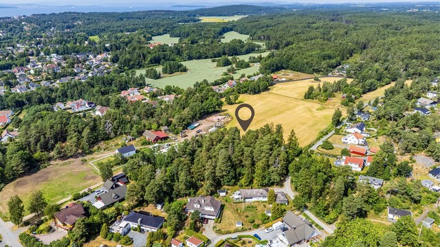 Eiendommen består i stor grad av skogholtet som her sees til venstre for Sarpemyrveien, under markøren.