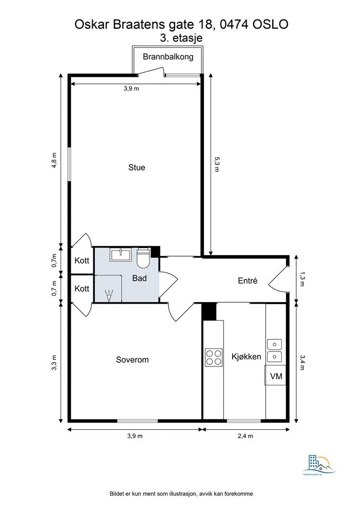 Plantegningen viser en arealeffektiv 2-roms leilighet på 52 m² med separat kjøkken.