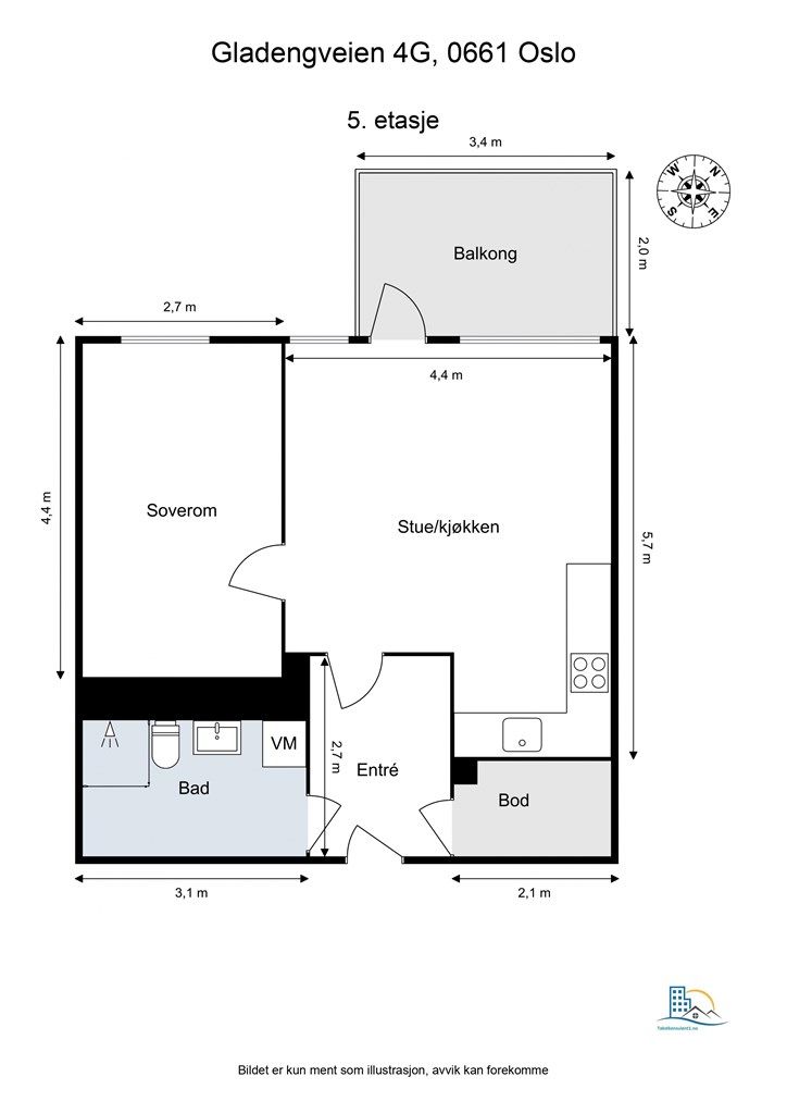 En arealeffektiv planløsning som plasserer soverommet adskilt fra de sosiale sonene. Leiligheten disponerer en intern bod og en kjellerbod.