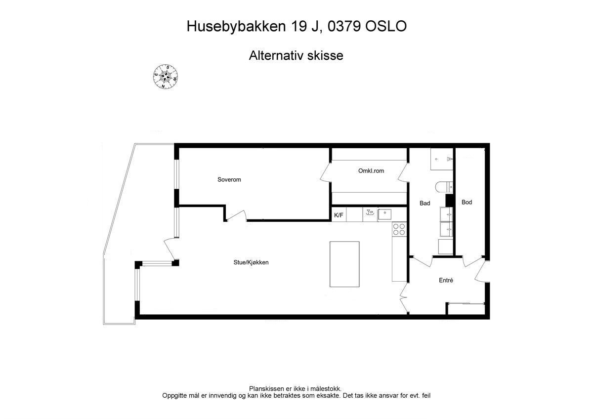 Alternativ planskisse som viser løsning med ett stort soverom
