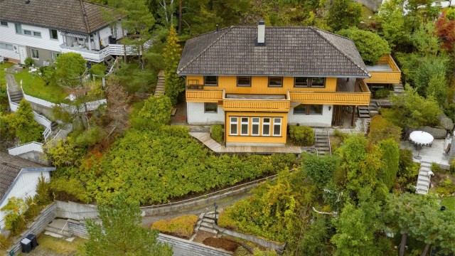 Tomten er opparbeidet med singlet gårdsplass - diverse trær og beplantninger