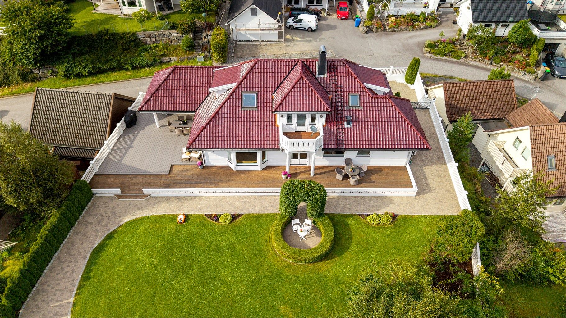 Dronebilde av eiendommen og hagen sett ovenfra 