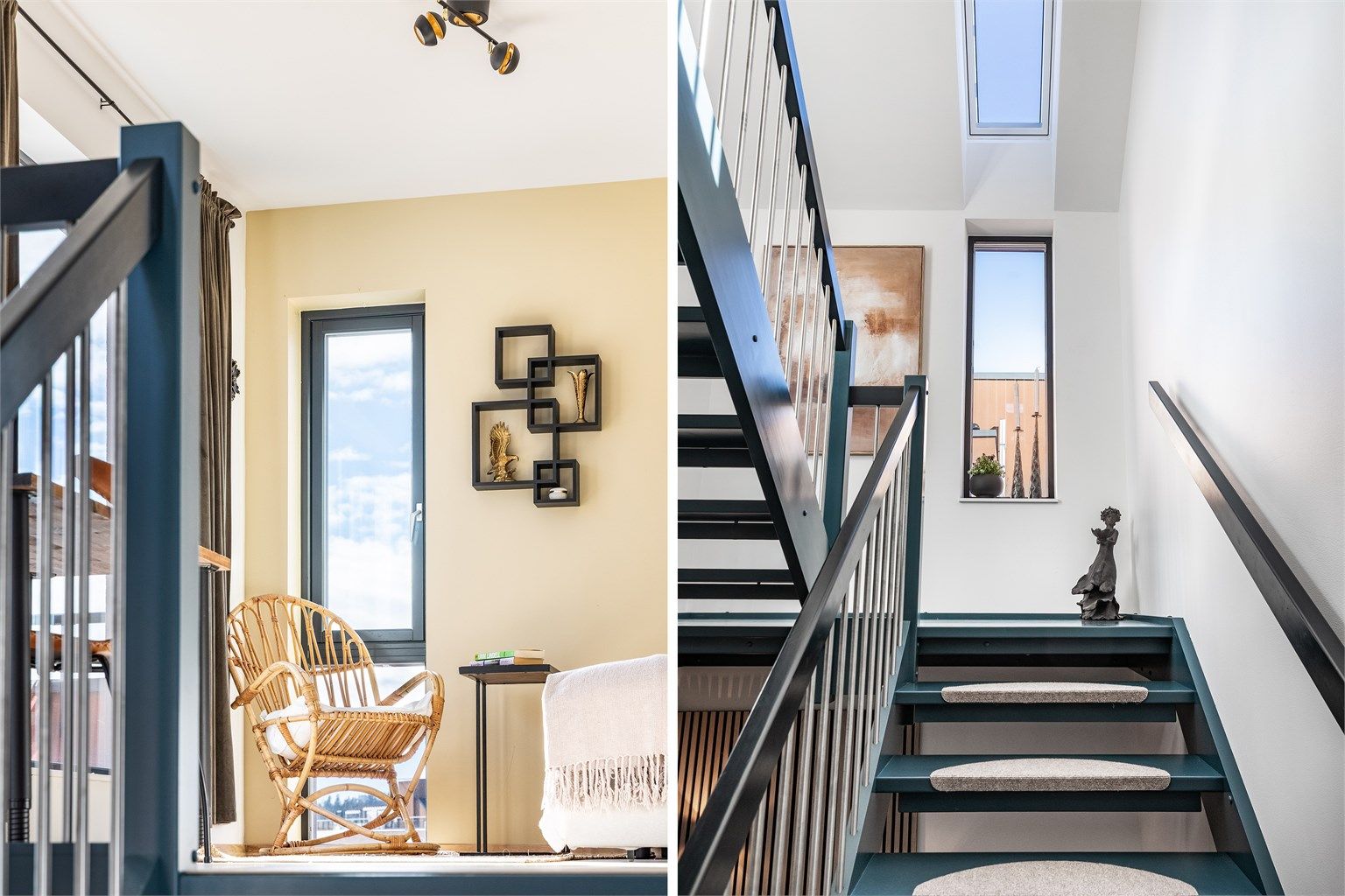 Vindu i både vegg og tak fyller trappen til toppetasjen med naturlig lys.