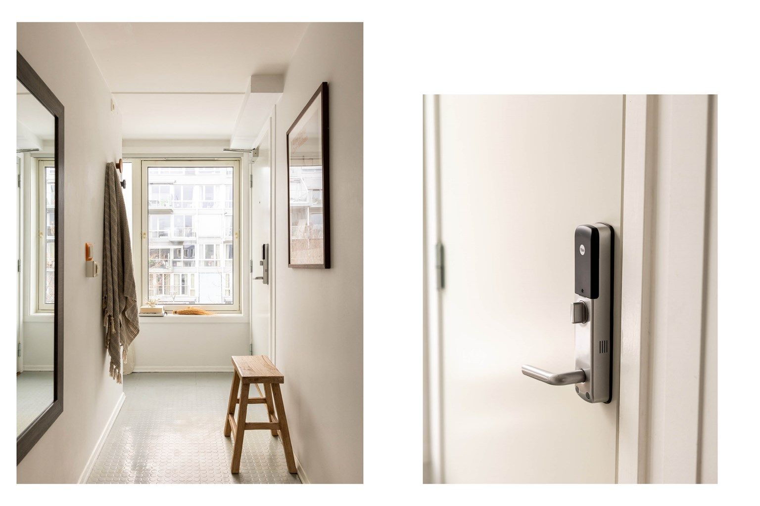 Entré med lysmalte veggflater og god plass til jakker og sko