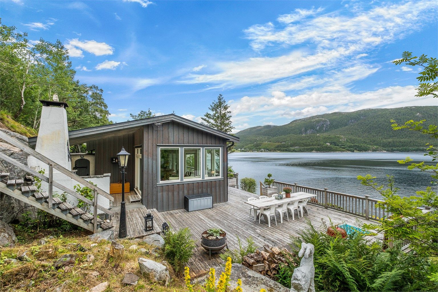 Hytta ligger flott til i terrenget med terrassen vendt mot sjøen og fjellandskapet på motsatt side.