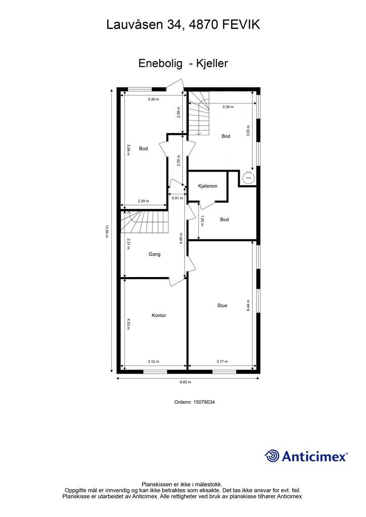 Plantegning kjeller. Kontoret er godkjent som bod og stue er godkjent som hobbyrom i original tegning.