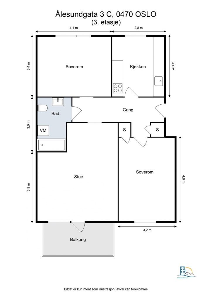 Leiligheten på 78 m² har en klassisk planløsning med to soverom, stue og separat kjøkken.
