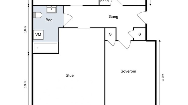 Leiligheten på 78 m² har en klassisk planløsning med to soverom, stue og separat kjøkken.