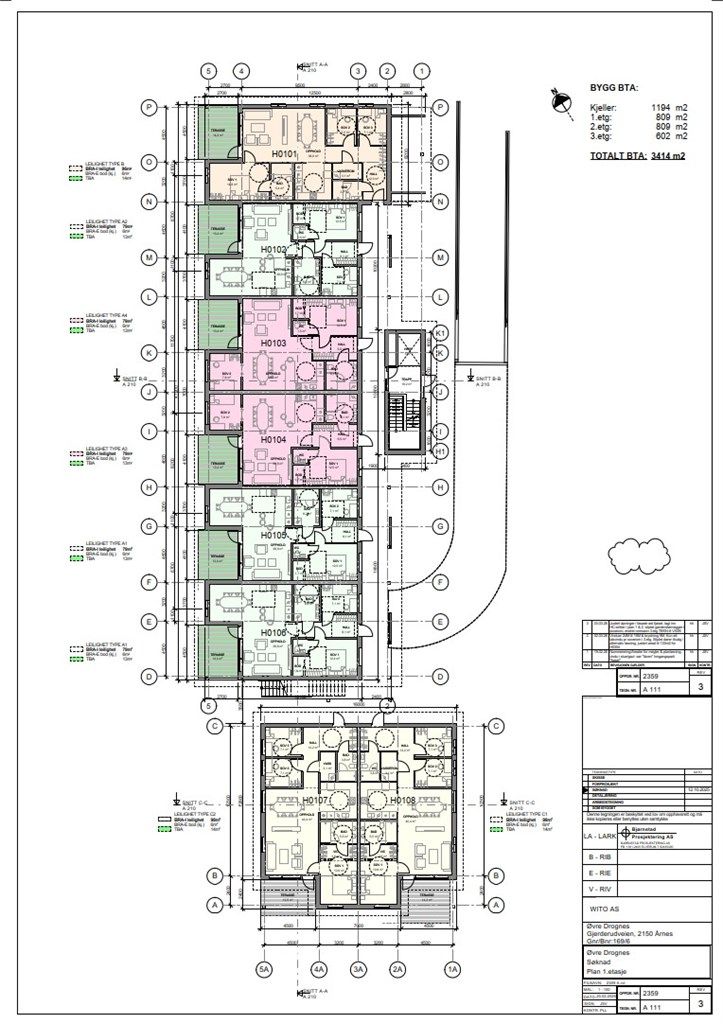 Plantegning 1.etg. Se hver leilighet for tydeligere plantegning. 