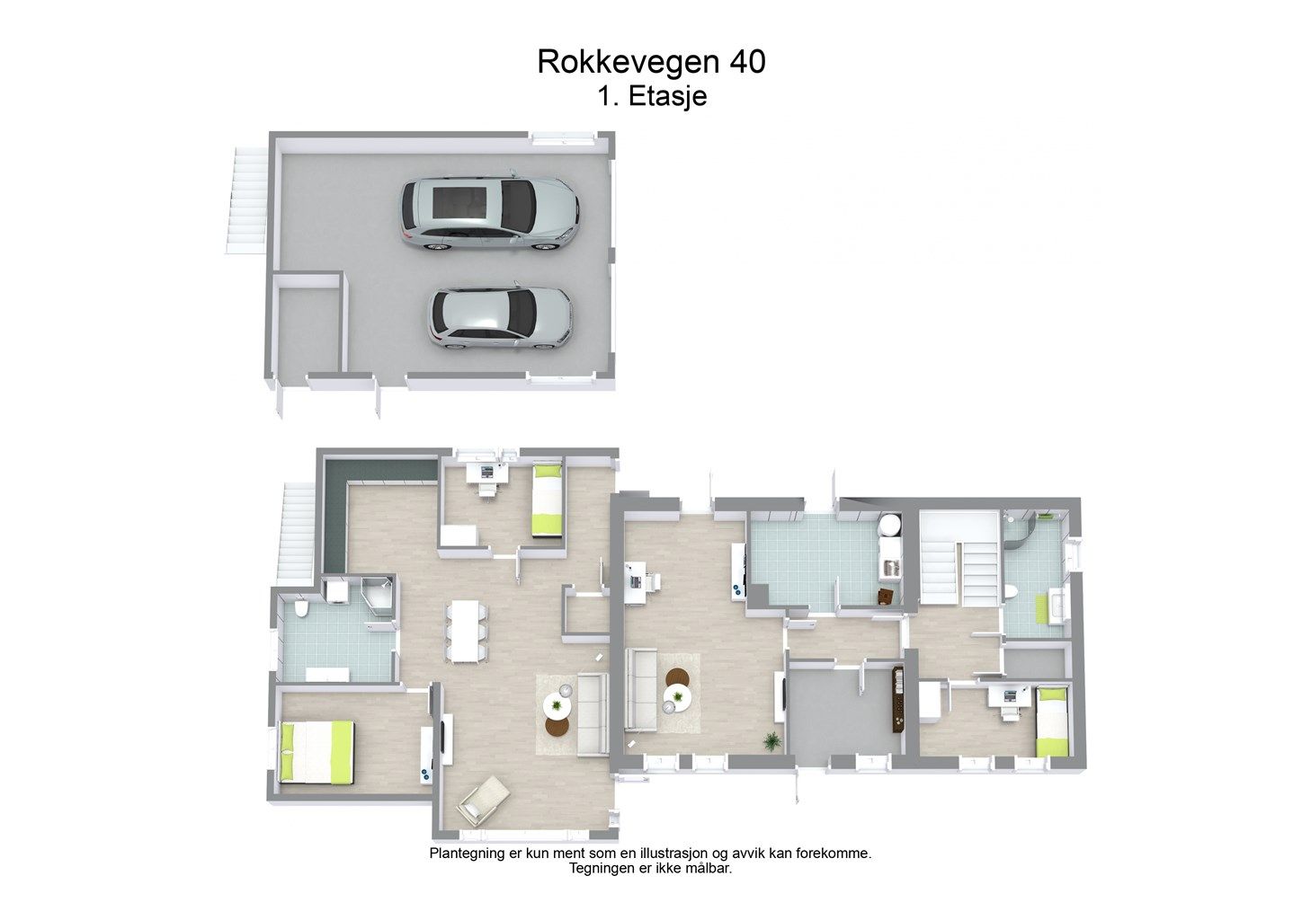 Møblert plantegning av hovedetasjen gir en god oversikt over romløsning og muligheter.