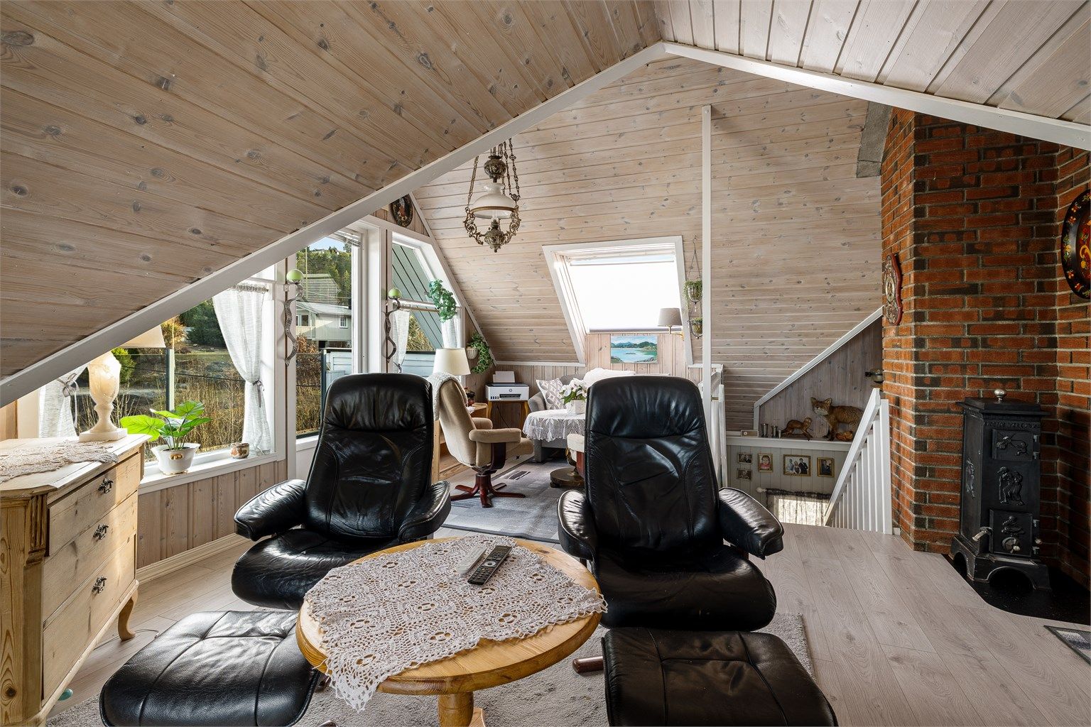 Loftstua benyttes som TV-stue eller et sted for å nyte sjøutsikten.