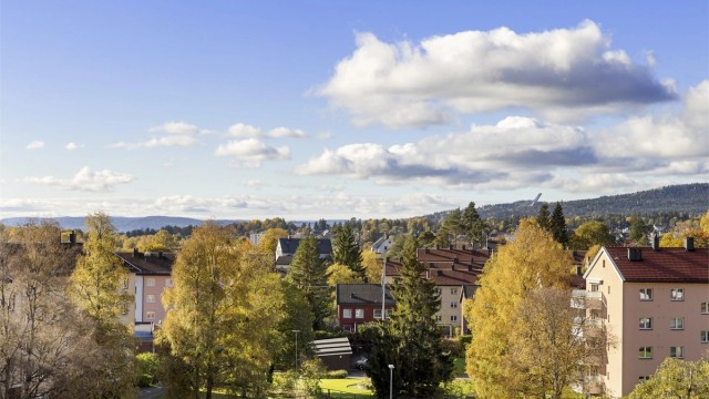 Vidstrakt utsyn mot nærområdet, Holmenkollen og de omkringliggende åsene.