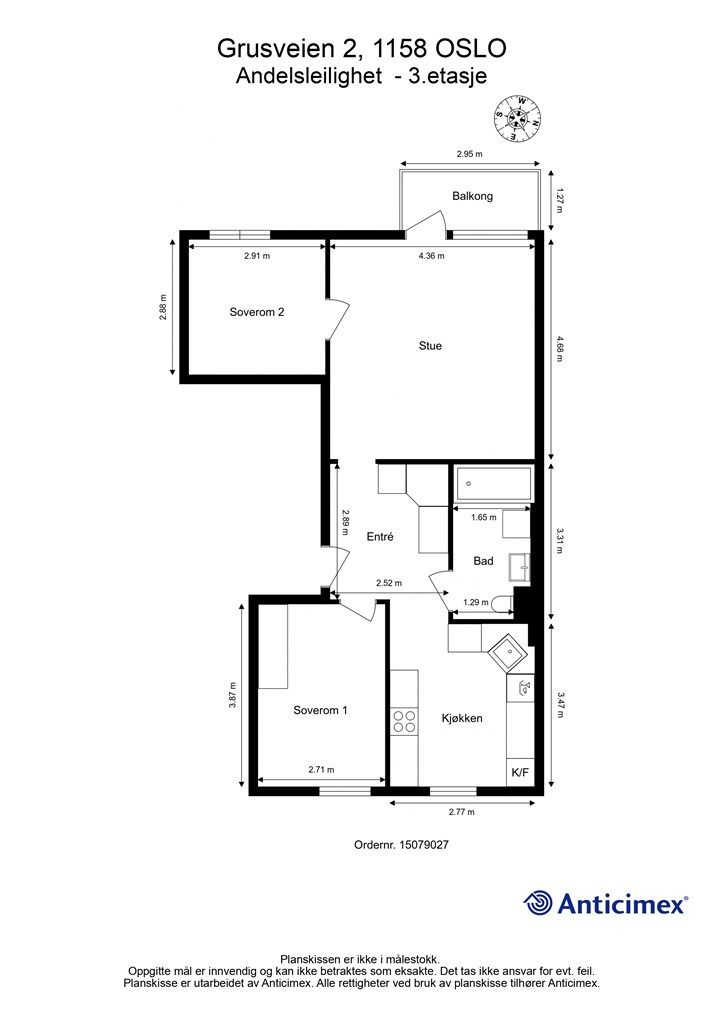Leiligheten har en god og arealeffektiv planløsning på 65 m² med to soverom.