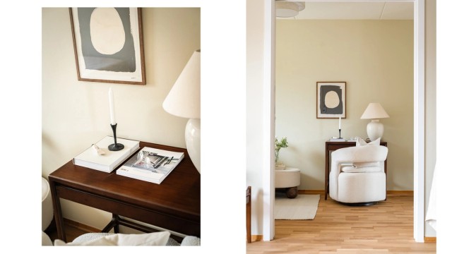 Detaljer fra det tredje soverommet, som har plass til både seng og arbeidsplass.