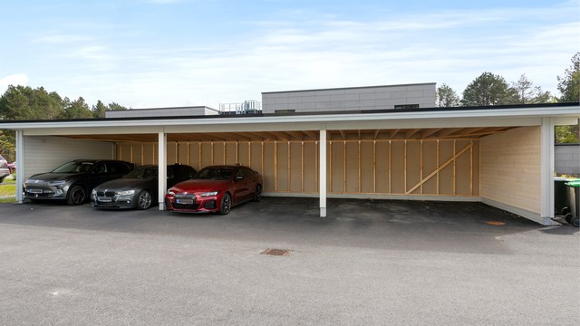 Parkeringsplass i felles carport-anlegg medfølger leiligheten.