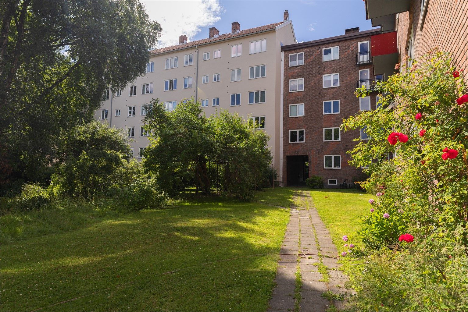 Velstelte fellesarealer med plen, beplantning og gode soner for avslapning utendørs.
