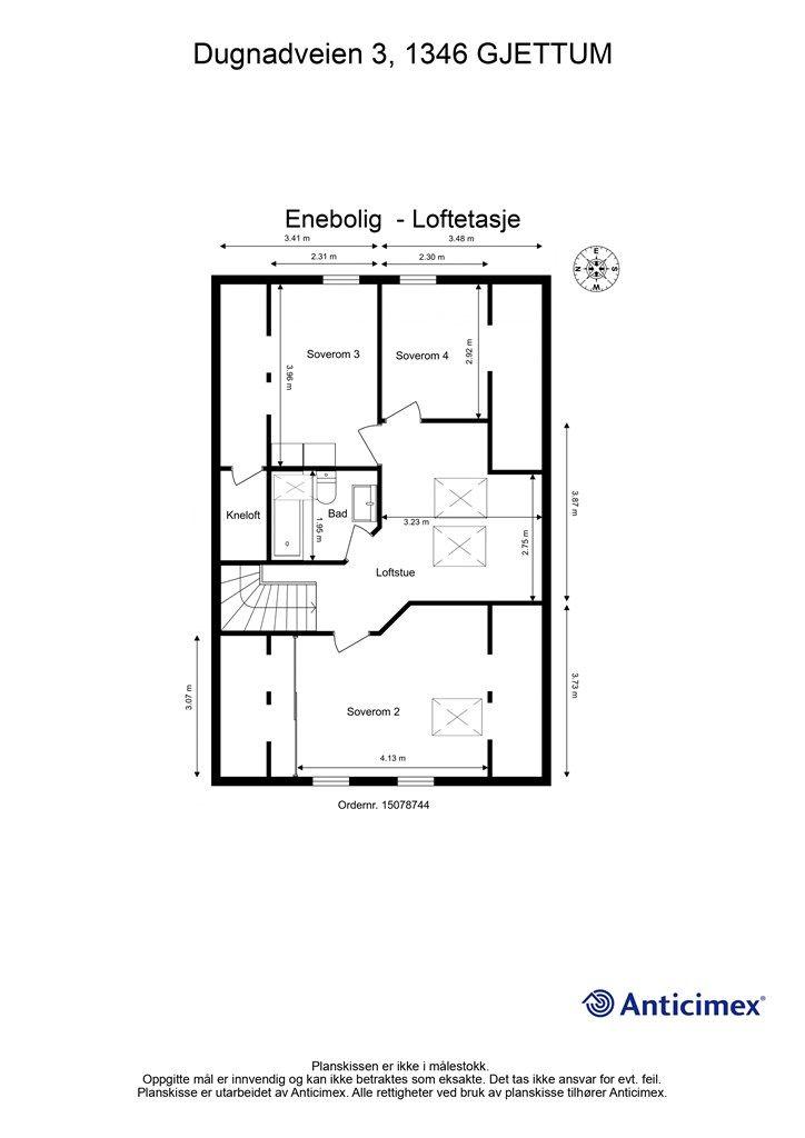 Plantegning - Loftetasje (Loftet er opprinnelig byggemeldt som loftsetasje med mulighet for innredning av ett rom i hver gavl. Loftstue og deler av soverommene er derfor ikke godkjent til varig opphold)