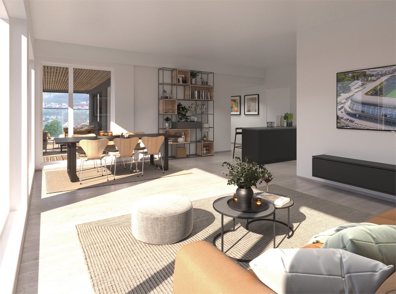 God plass i stuen med adkomst til romslig og meget solrik balkong 