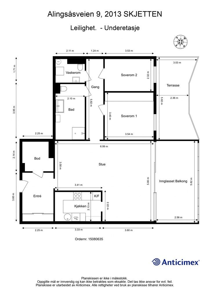 Leiligheten på 96 m² har en arealeffektiv planløsning med to soverom, separat vaskerom og rikelig med lagringsplass.