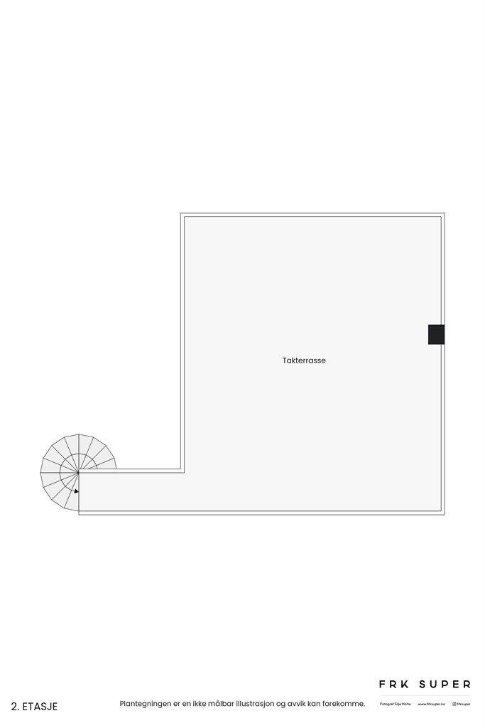 Planskisse av takterrasse. Adkomst via vindeltrapp fra balkong.