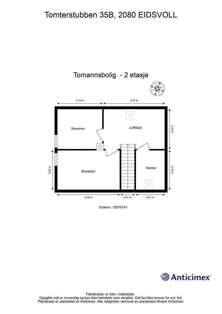 Plantegning med innvendige mål og himmelretning. 