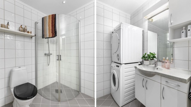 Badet er fra byggeåret og i helhet gitt TG 2, men funksjonelt. I gulvet er det varmekabler.