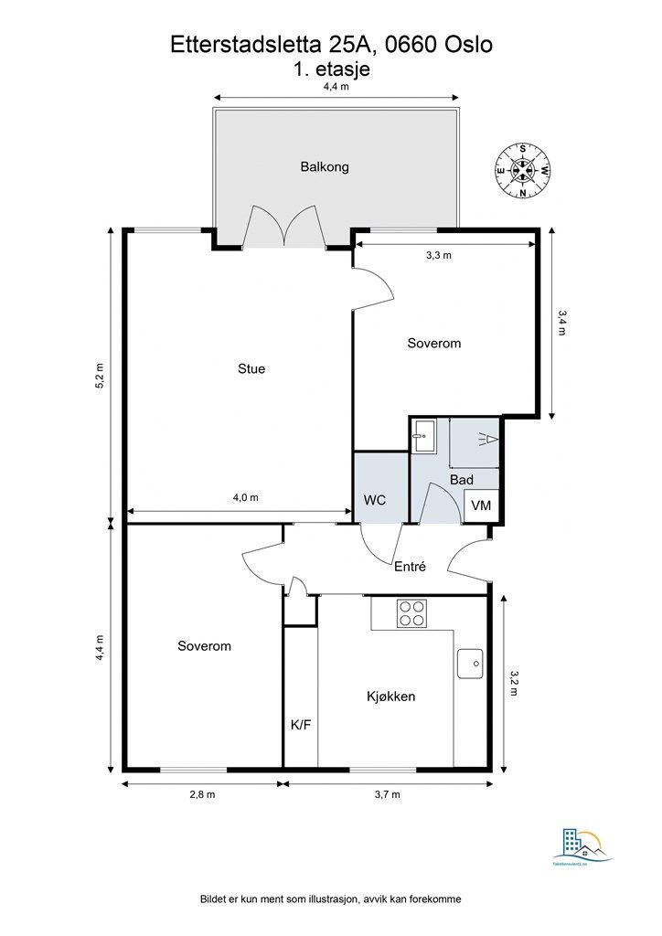 Leiligheten har en arealeffektiv planløsning på 66 m².