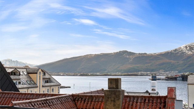Flott utsikt mot Aspevågen og skipstrafikken til og fra Ålesund Havn fra terrassen