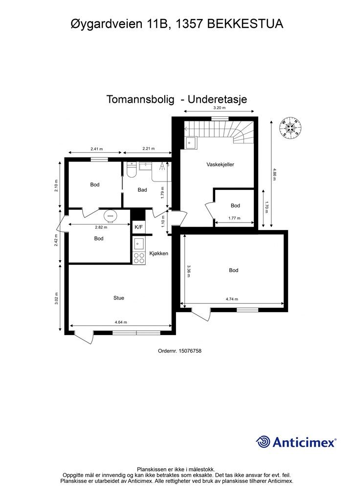 Underetasjen inneholder en hybel med egen inngang, samt vaskekjeller og boder. Det gjøres oppmerksom på at kjelleretasjen (inkludert hybelen) ikke er godkjent til varig opphold. Se pkt. ferdigattest for utfyllende informasjon