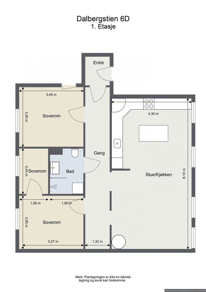 Alternativ planskisse 1: Eksempel på planløsning på en tilsvarende leilighet i gården. Ny eier må selv gjøre nødvendige undersøkelser for gjennomføring av tiltaket. 