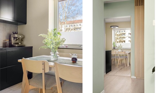 Fra kjøkkenet er det en åpen og naturlig overgang til resten av leiligheten.